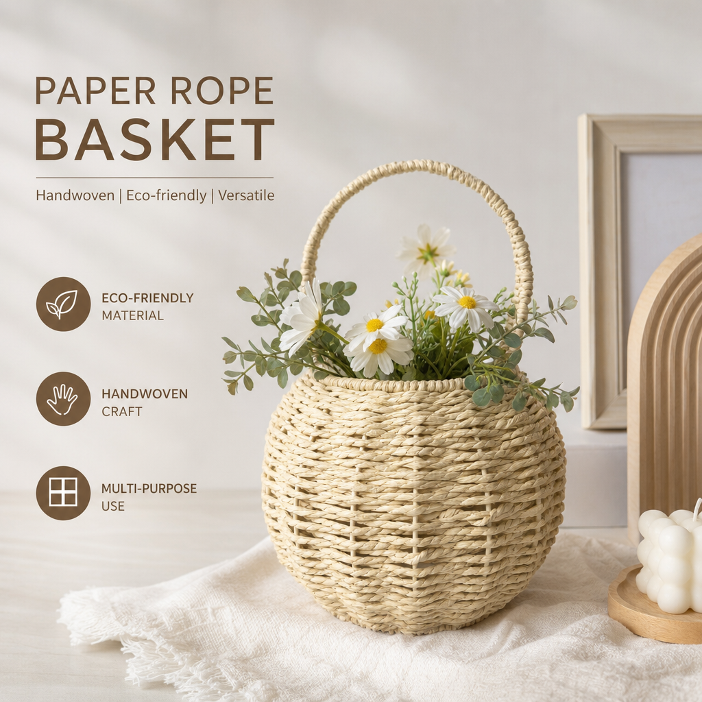 Custom Natural Paper Rope Gift Basket with Round Woven Design & Handle | Handmade Gift Basket for Holidays & Special Occasions