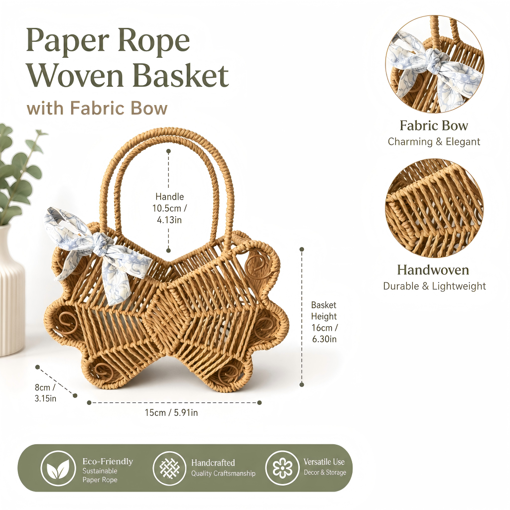 Custom Handmade Paper Rope Woven Gift Basket with Fabric Bow | Eco-Friendly Holiday Gift Basket