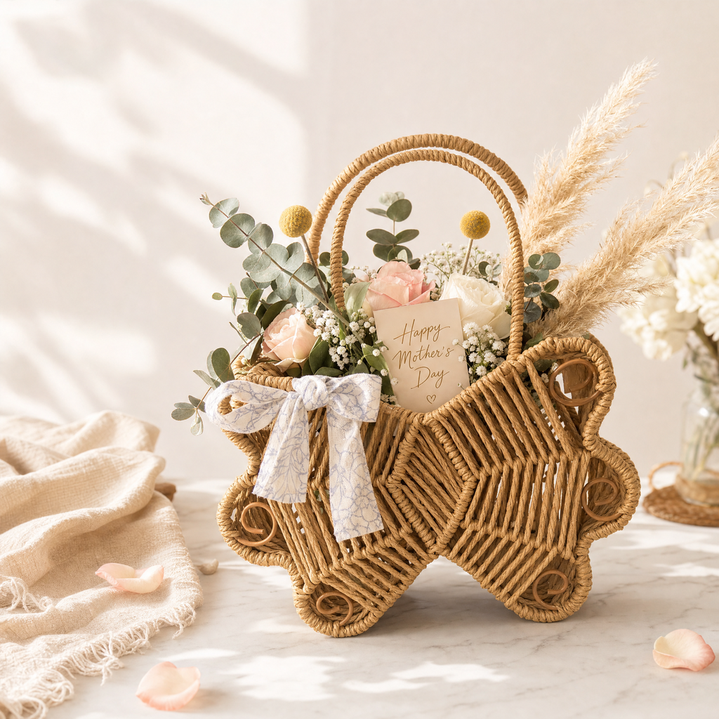 Custom Handmade Paper Rope Woven Gift Basket with Fabric Bow | Eco-Friendly Holiday Gift Basket