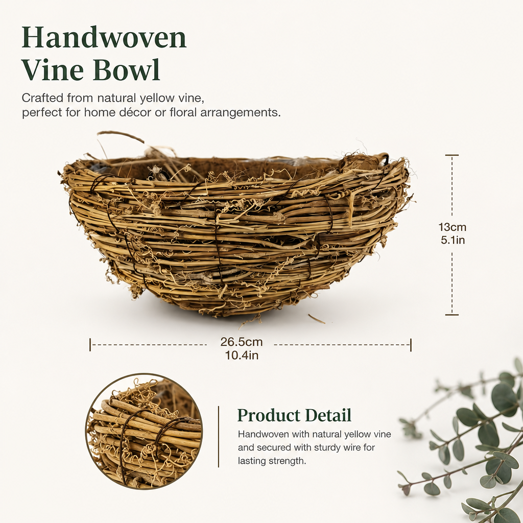 Handwoven Natural Vine Bird Nest Basket – Rustic Home Décor & Floral Display