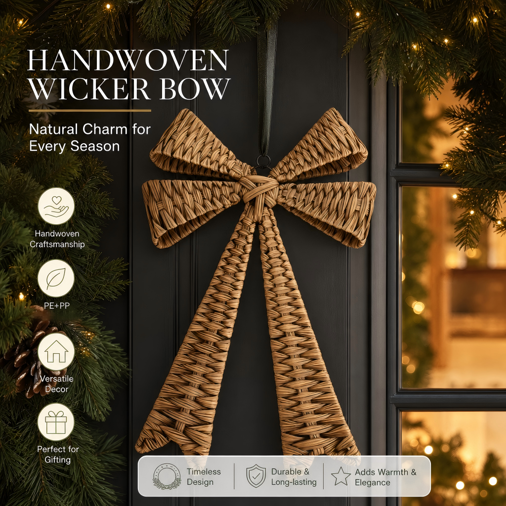 Handwoven Wicker Bow Wall Hanging – Natural Rustic Holiday & Home Décor