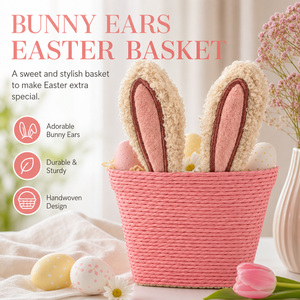 Cute Pink Woven Bunny Basket for Easter Gifts, Kids Room & Holiday Décor