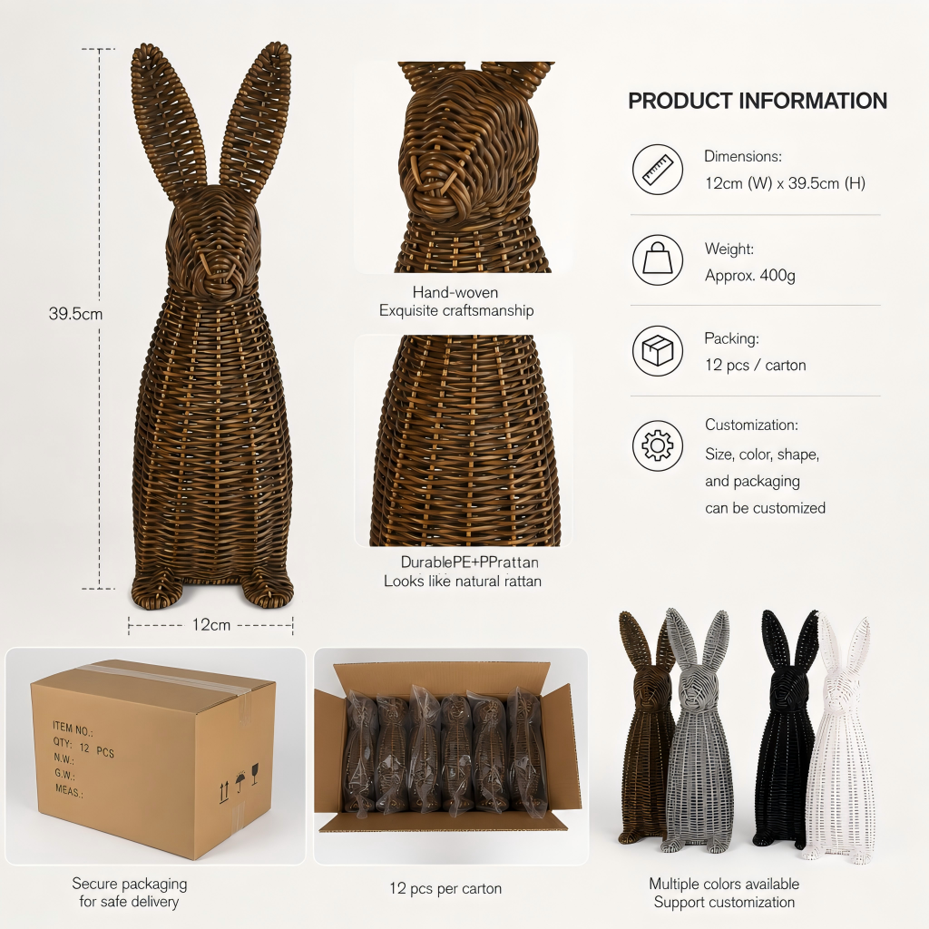 Handwoven PE+PP Rattan Rabbit Figurine – Decorative Bunny Home Décor