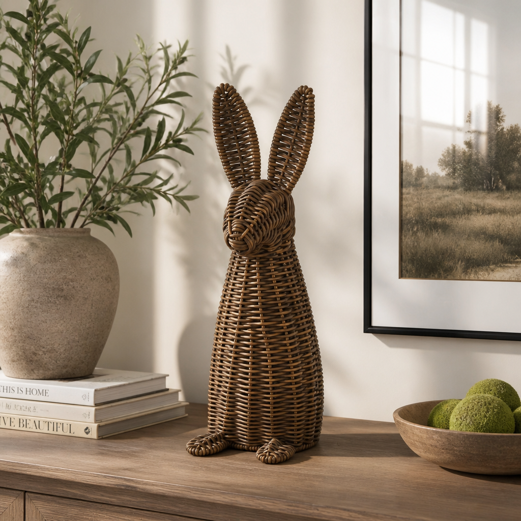 Handwoven PE+PP Rattan Rabbit Figurine – Decorative Bunny Home Décor