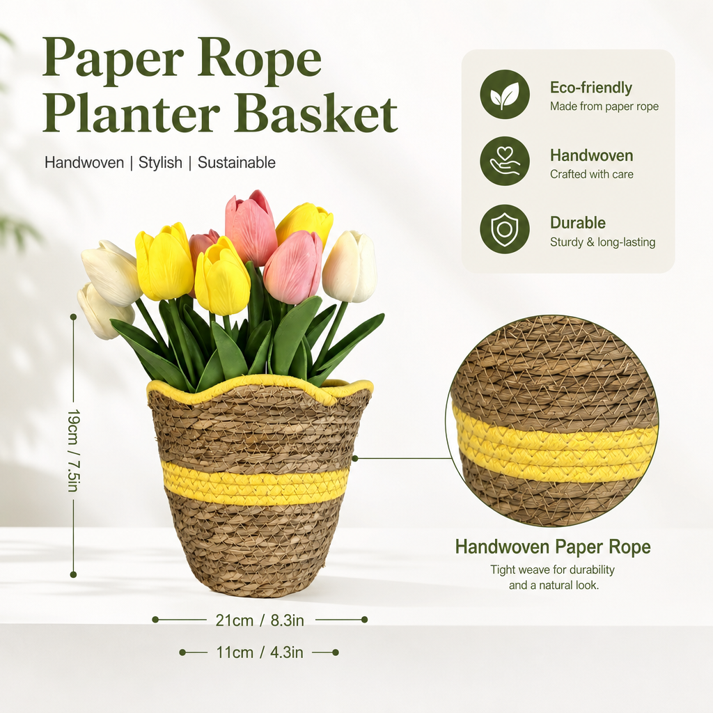 Handwoven Paper Rope Planter Basket – Eco-Friendly Decorative Plant Basket