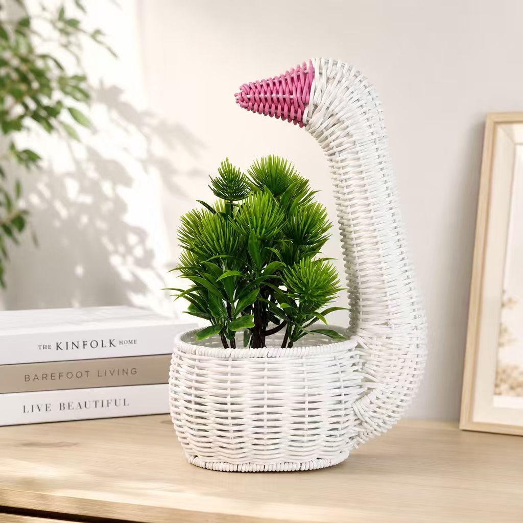 Handwoven PE Rattan Swan Planter – Decorative Wicker Flower Pot for Home Décor