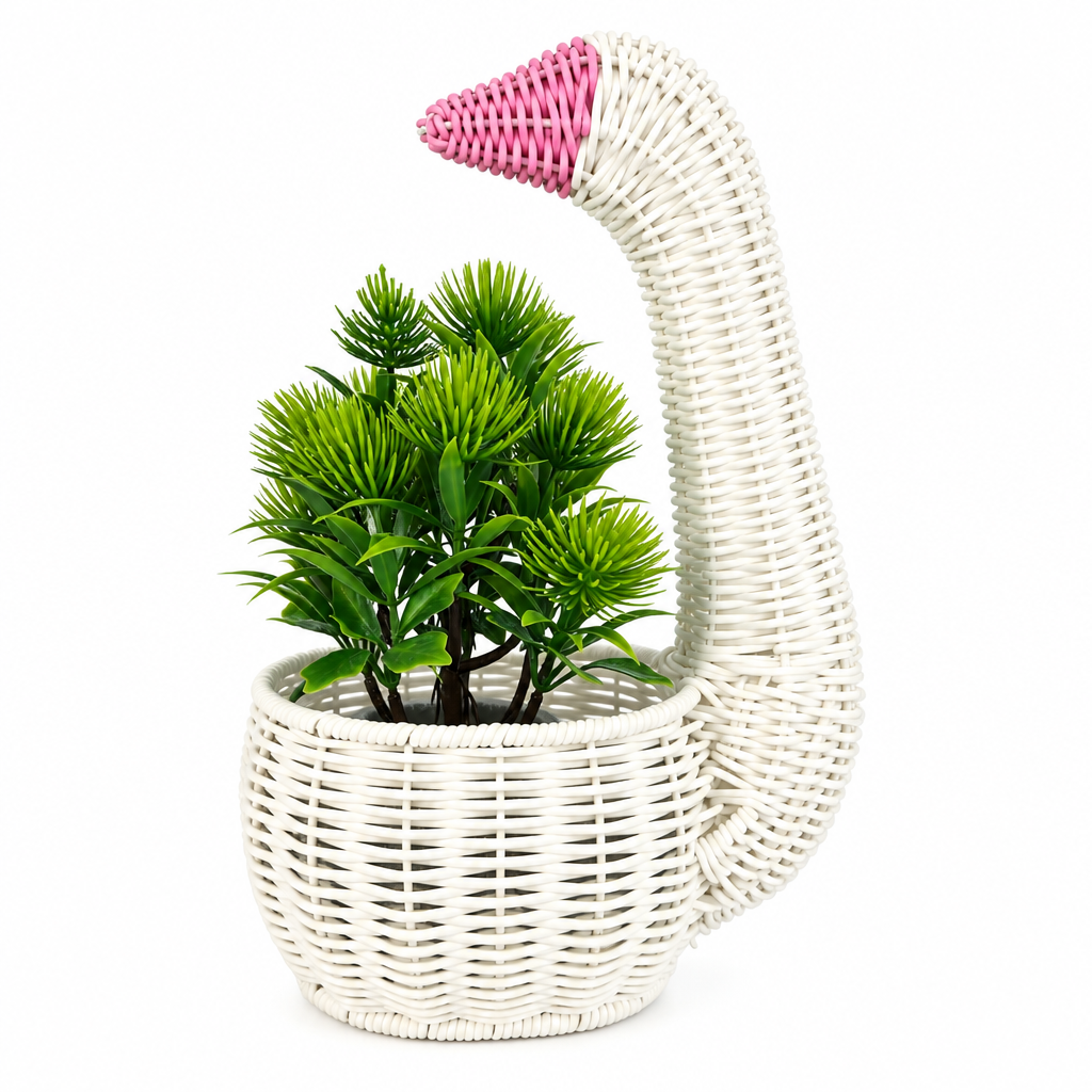 Handwoven PE Rattan Swan Planter – Decorative Wicker Flower Pot for Home Décor