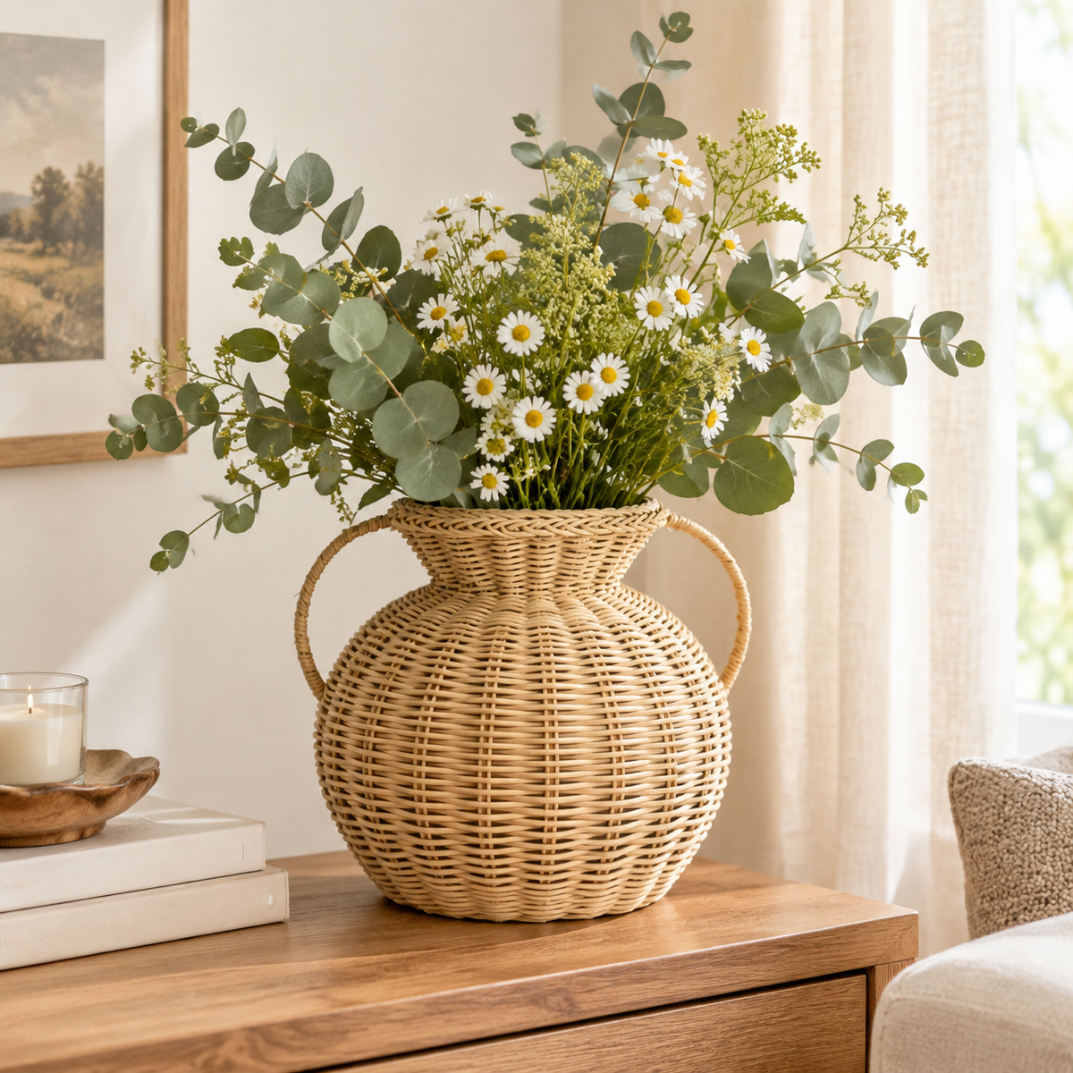 Handwoven Natural Rattan Vase Basket with Handles – Rustic Floral Arrangement & Home Decor