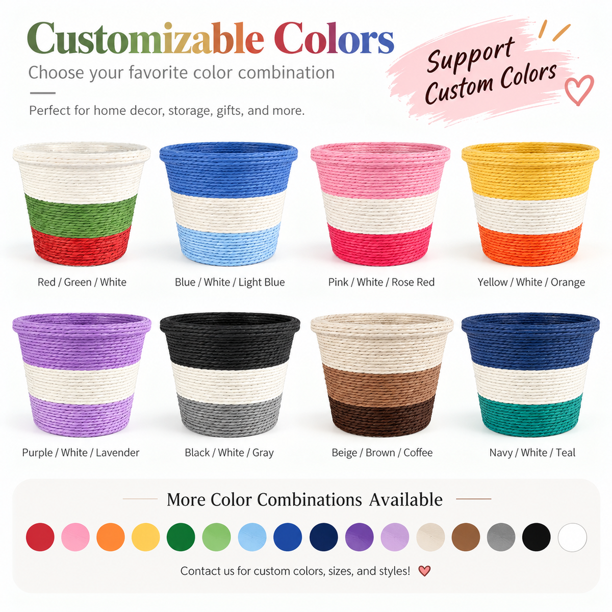 Tricolor Handwoven Paper Rope Storage Basket | Round Decorative Planter Cover Basket | Home Desktop Organizer