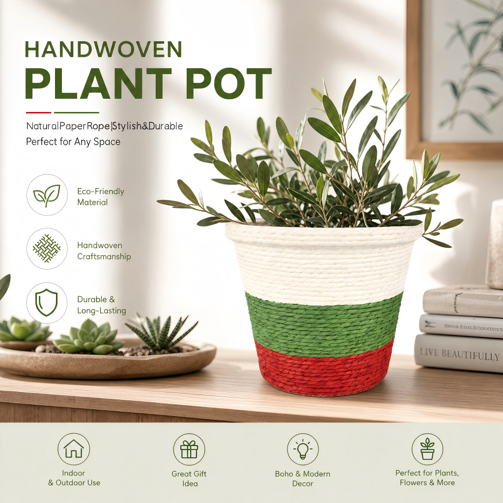 Tricolor Handwoven Paper Rope Storage Basket | Round Decorative Planter Cover Basket | Home Desktop Organizer