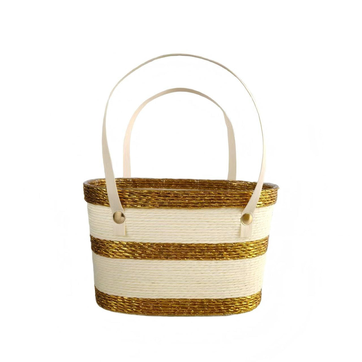 Handwoven White & Gold Gift Basket with Biodegradable PET Inner Shell and Riveted Handles