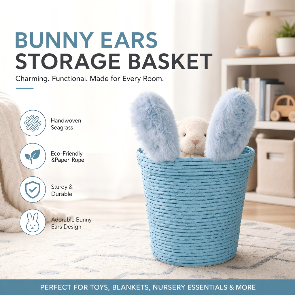 Blue Bunny Ear Handwoven Paper Rope Basket | Cute Animal Kids Storage Basket | Easter Decorative Basket