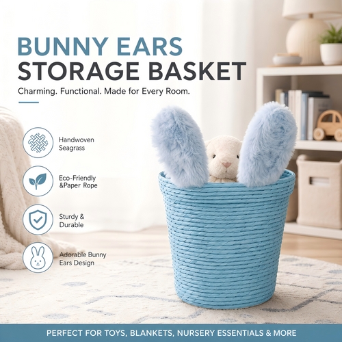 Blue Bunny Ear Handwoven Paper Rope Basket | Cute Animal Kids Storage Basket | Easter Decorative Basket