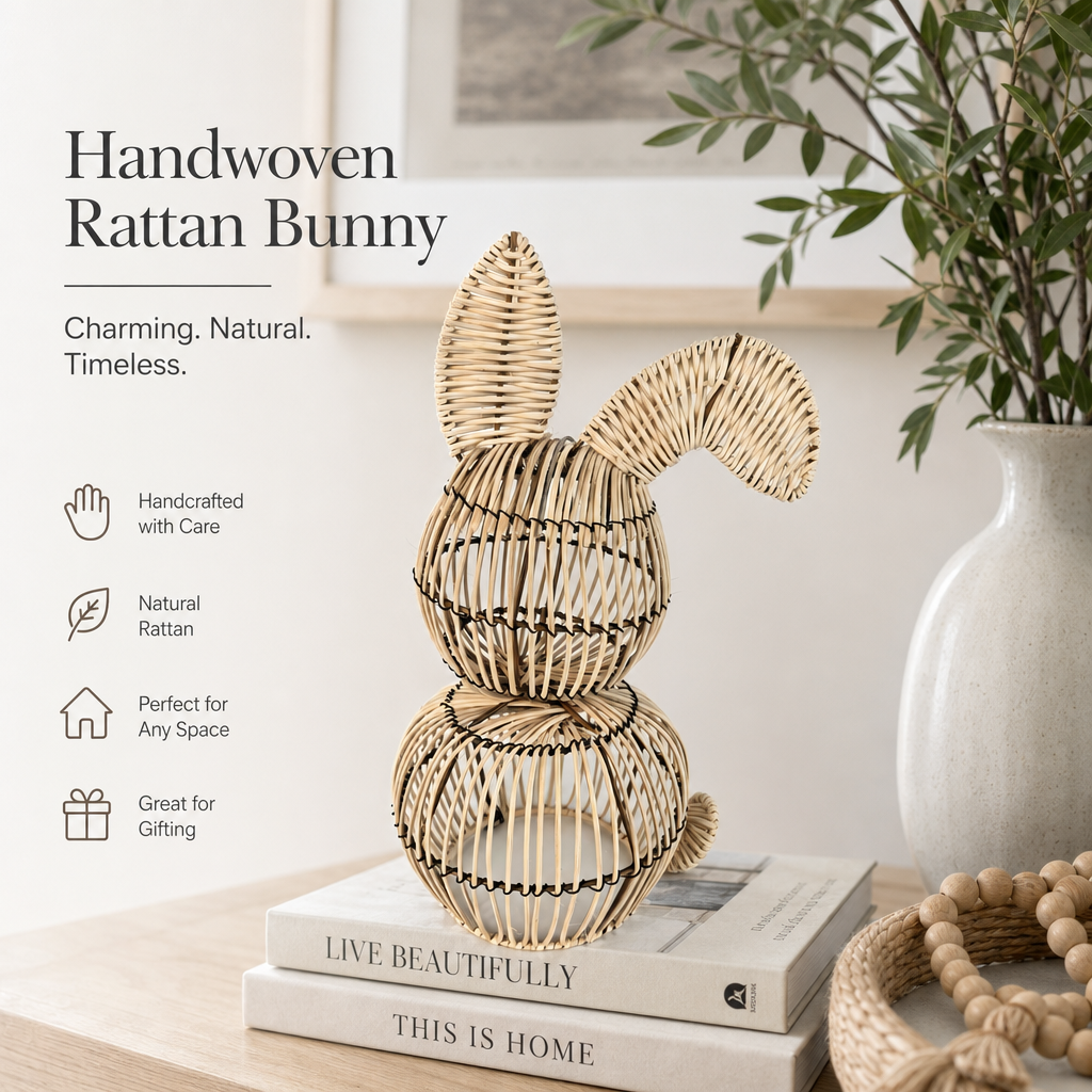 Handwoven Natural Rattan Bunny Home Decor – Rustic Easter Rabbit Figurine