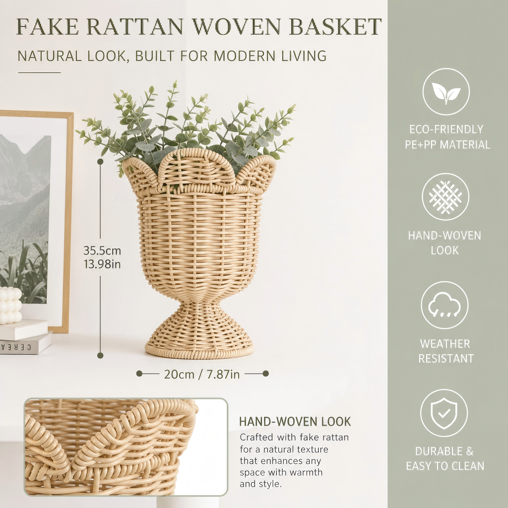 Handwoven-Style Faux Rattan Basket with Pedestal Base – Decorative Storage & Planter Basket