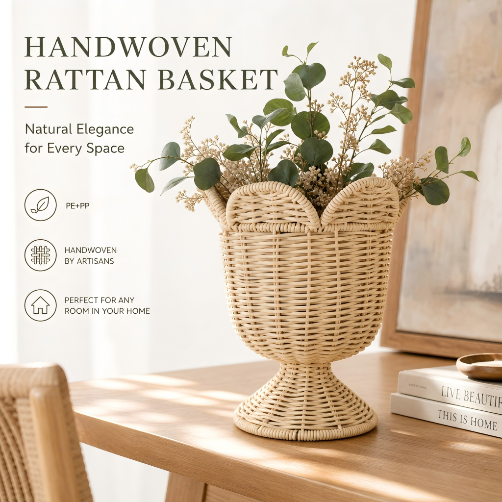 Handwoven-Style Faux Rattan Basket with Pedestal Base – Decorative Storage & Planter Basket