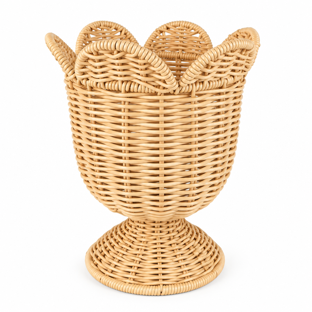 Handwoven-Style Faux Rattan Basket with Pedestal Base – Decorative Storage & Planter Basket