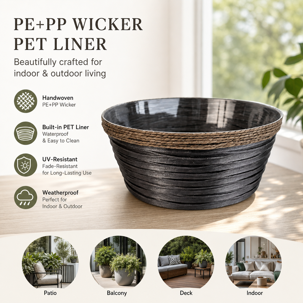 PE+PP Wicker Planter Basket with Built-In PET Liner – Weatherproof Indoor & Outdoor Plant Pot