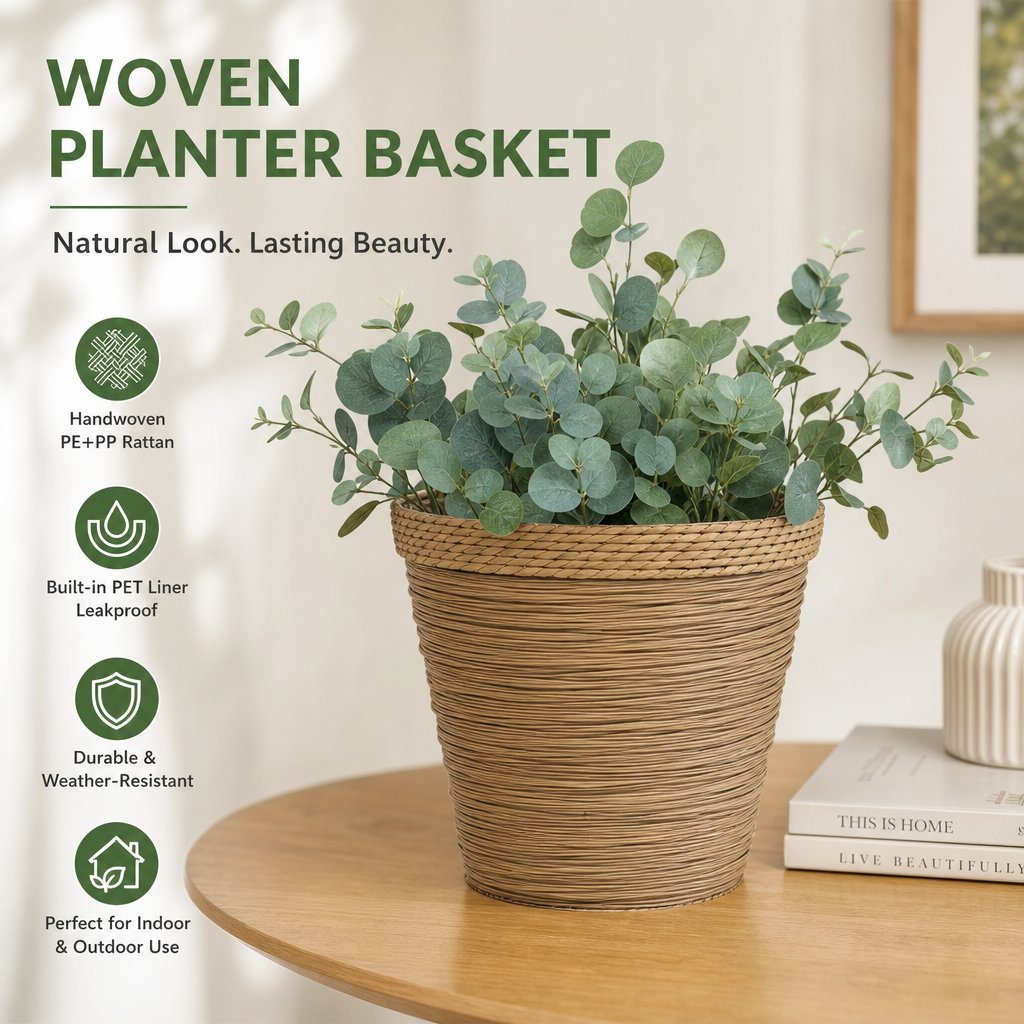 Woven PE+PP Planter Basket – Handmade-Style Decorative Plant Holder for Home & Garden