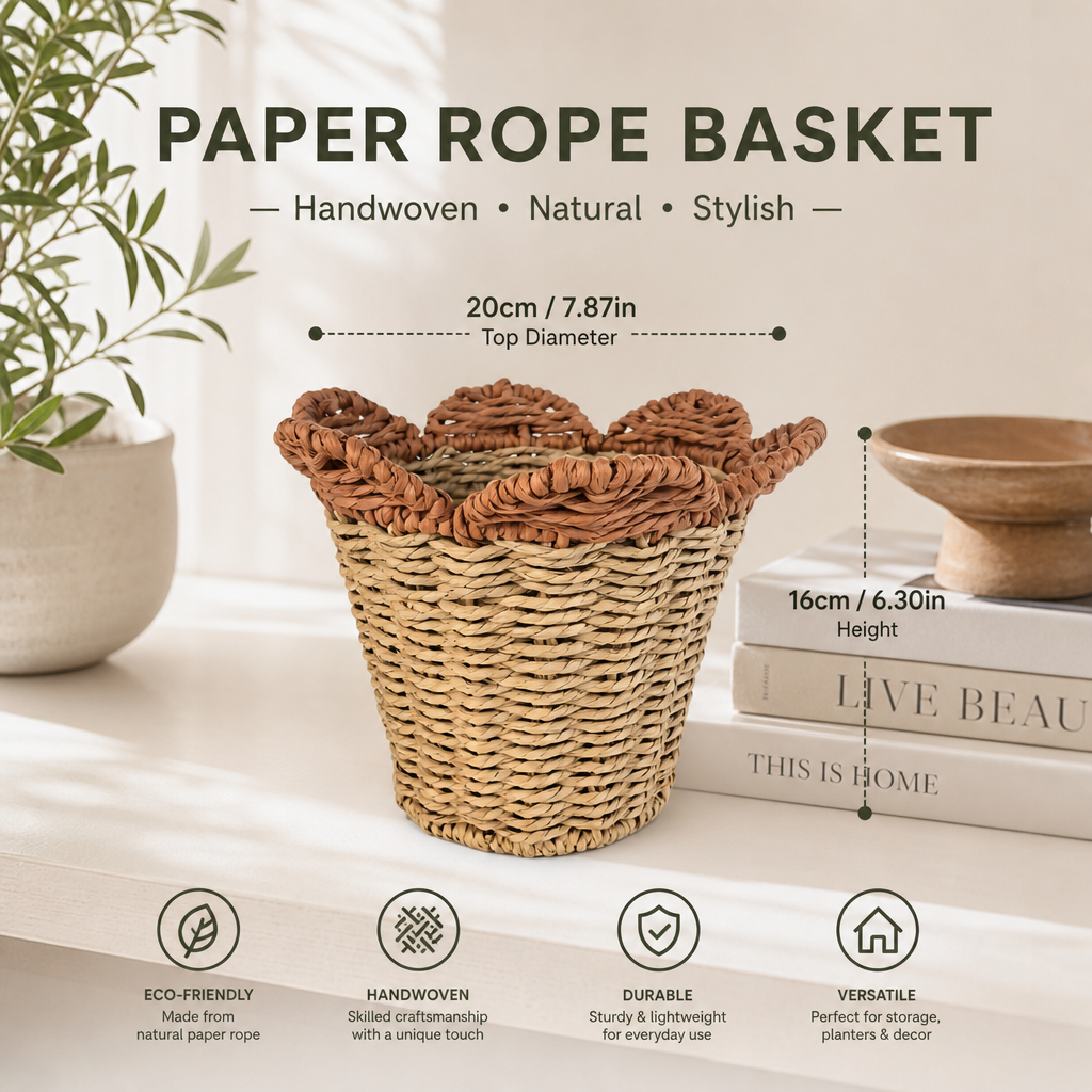 Handcrafted Paper Rope Basket – Natural Woven Storage & Plant Holder for Rustic, Boho & Modern Home Décor