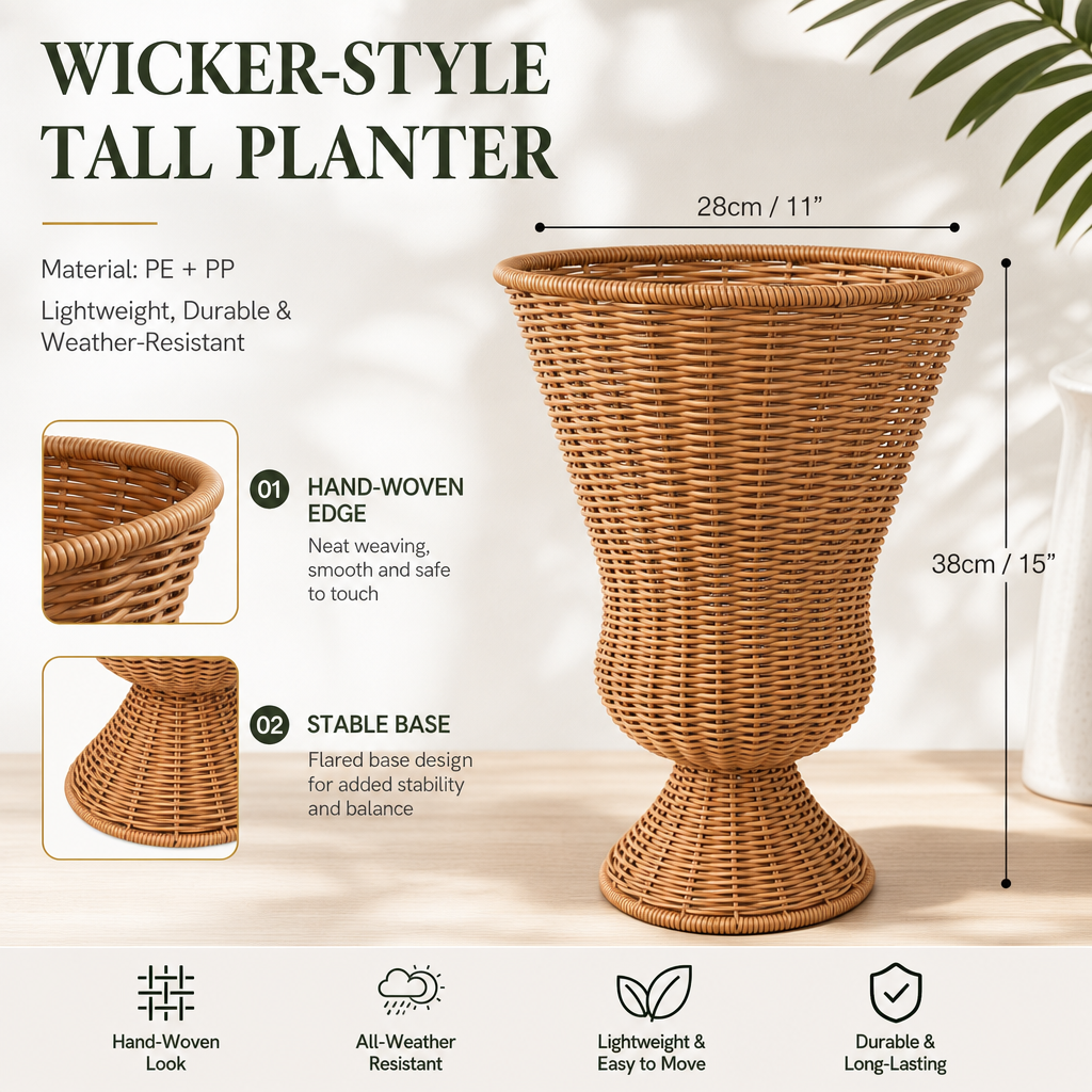 Handwoven PE + PP Wicker Tall Planter Basket – Weather-Resistant Decorative Plant Holder for Indoor & Outdoor Use