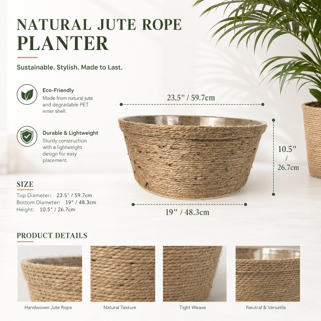 Natural Jute Rope Woven Planter Basket – Handcrafted Eco-Friendly Plant Pot Cover for Indoor & Outdoor Decor
