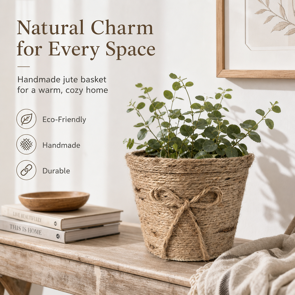 Handwoven Natural Jute Rope Planter Basket with Decorative Bow – Rustic Home Décor & Plant Holder