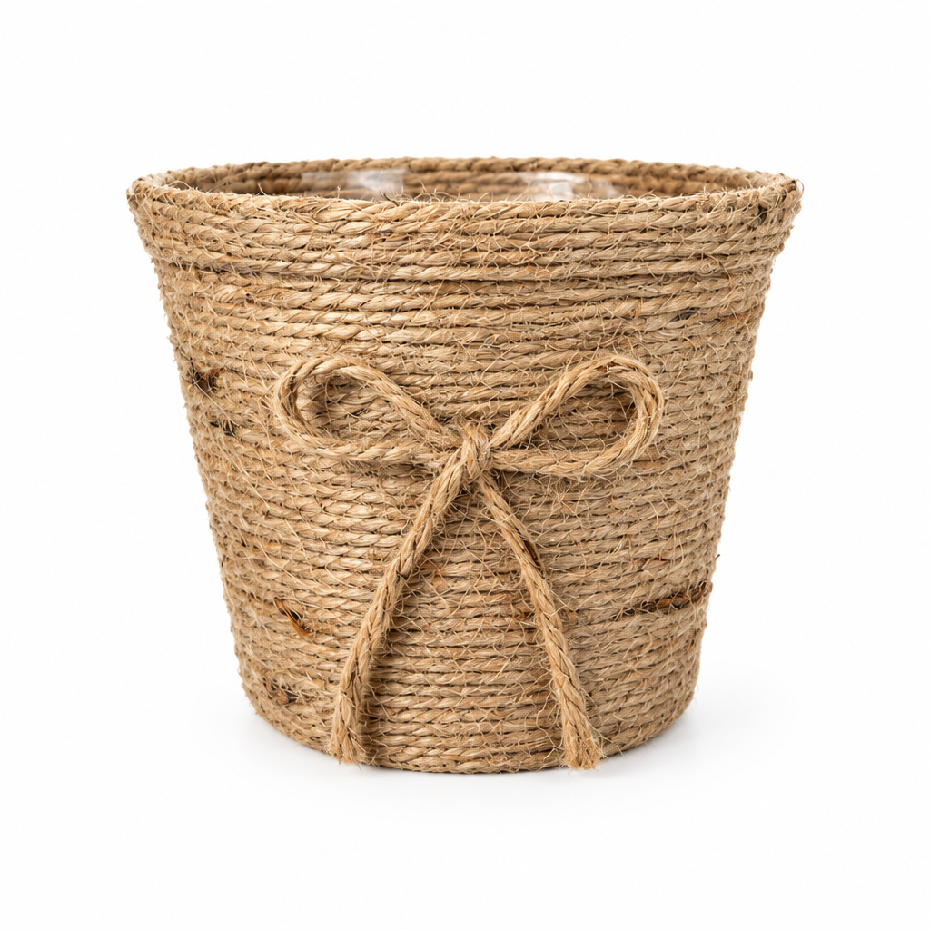 Handwoven Natural Jute Rope Planter Basket with Decorative Bow – Rustic Home Décor & Plant Holder