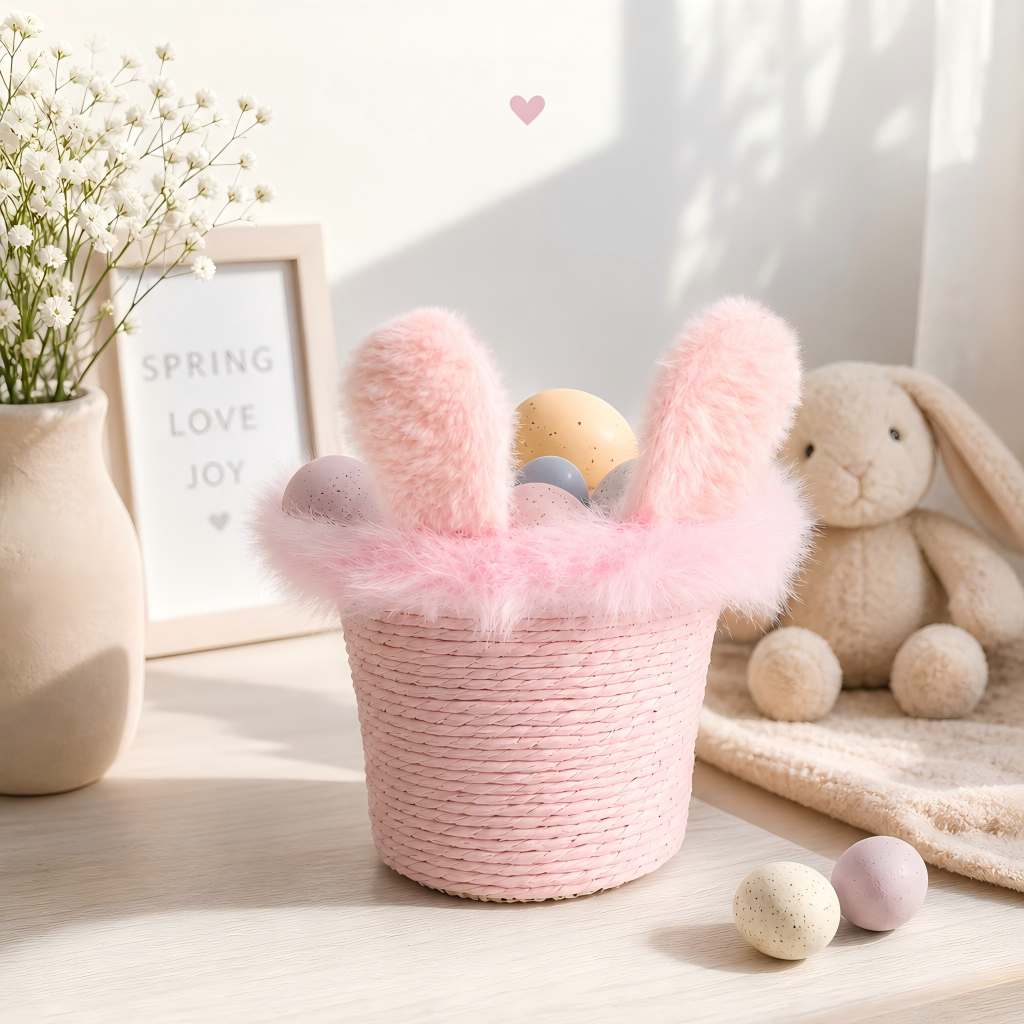 Pink Plush Bunny Ear Handwoven Paper Rope Storage Basket | Cute Kids Room Organizer | Easter Gift & Decorative Basket
