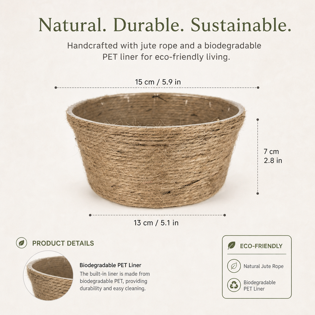 Handwoven Natural Jute Rope Planter Basket with Biodegradable PET Liner – Compact Rustic Plant Pot Cover