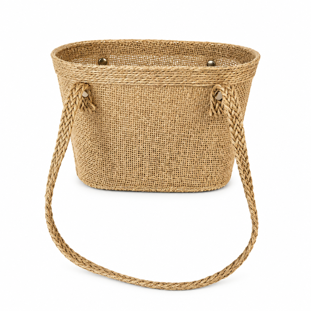Natural Jute Fabric Basket with Braided Handle – Rustic Gift & Storage Basket