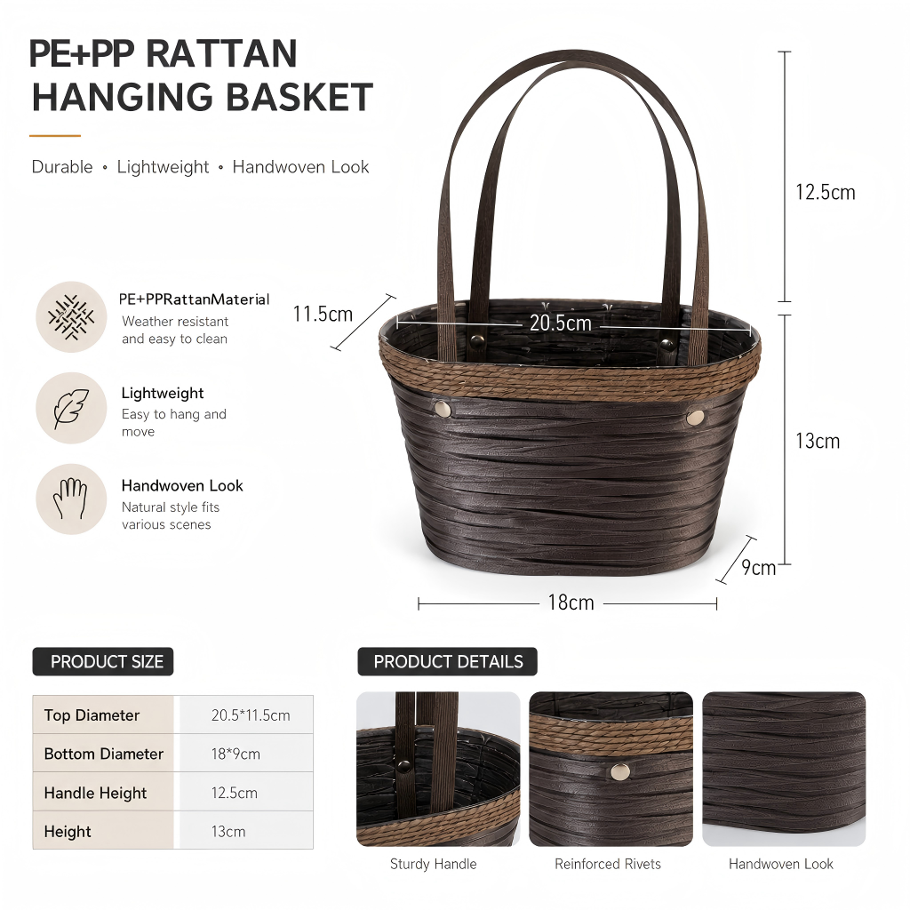 Custom Black PE+PP Rattan Hanging Gift Basket with Woven Design | Durable & Lightweight Basket for Gifts & Storage