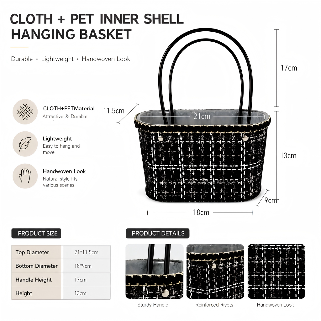 Custom Black Fabric & PET Hanging Gift Basket | Elegant Woven Basket with Sturdy Handles