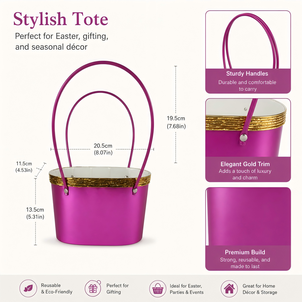 Custom Purple Easter Gift Basket with Elegant Gold Trim | Reusable Holiday & Party Gift Tote