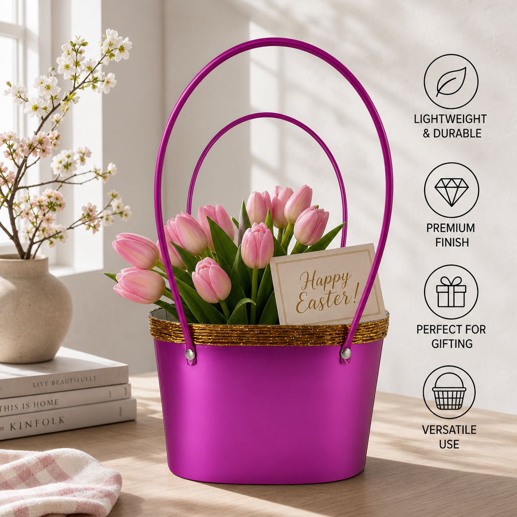 Custom Purple Easter Gift Basket with Elegant Gold Trim | Reusable Holiday & Party Gift Tote