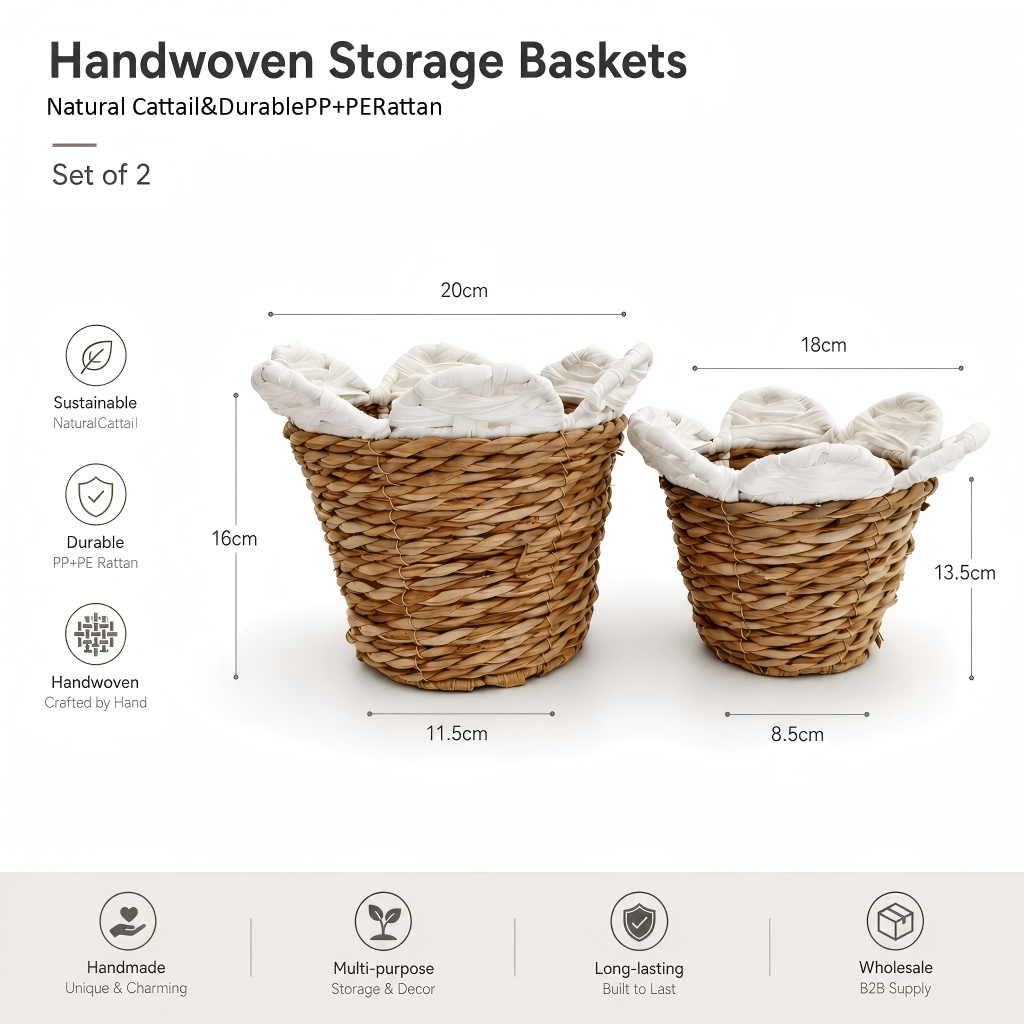 Handwoven Natural Cattail Storage Baskets Set of 2 – Durable PE + PP Wicker Baskets for Home Décor & Organization