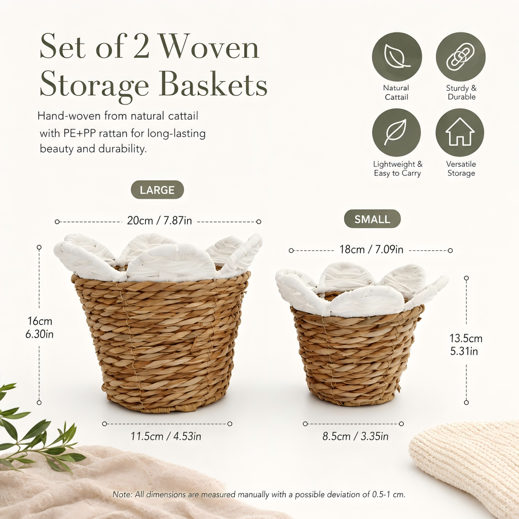 Handwoven Natural Cattail Storage Baskets Set of 2 – Durable PE + PP Wicker Baskets for Home Décor & Organization
