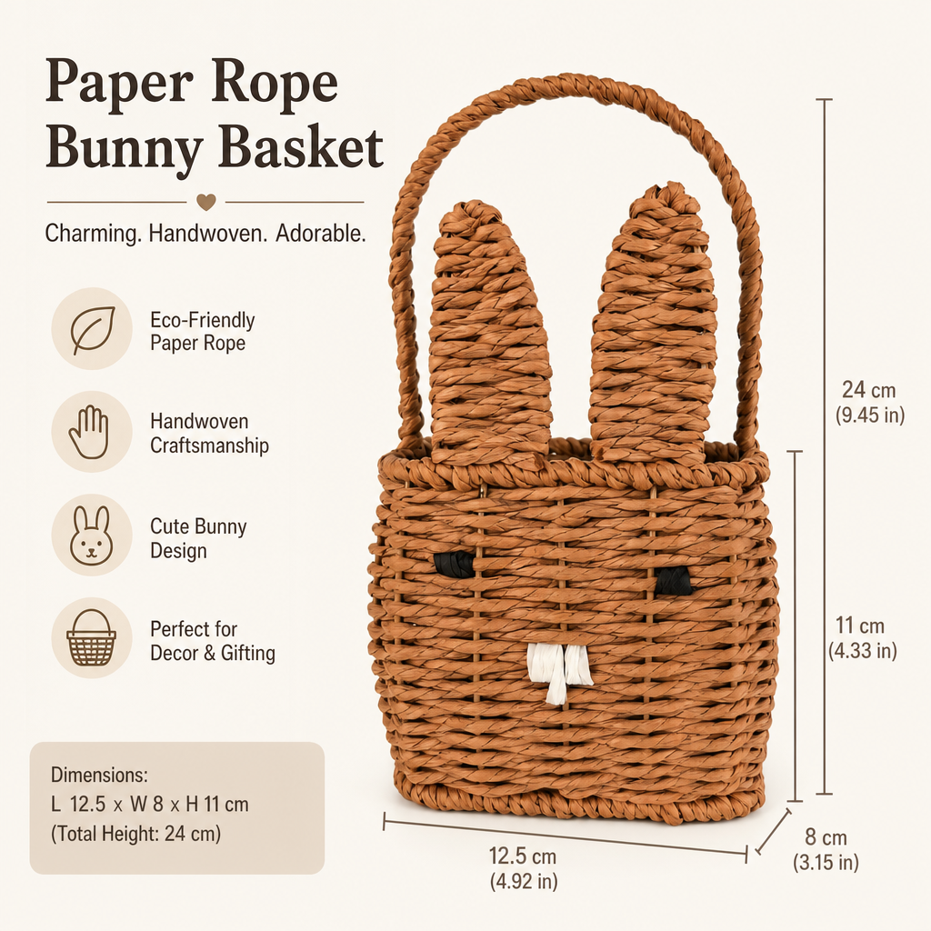 Handwoven Bunny Basket with Handle – Kids Easter Gift & Storage Basket