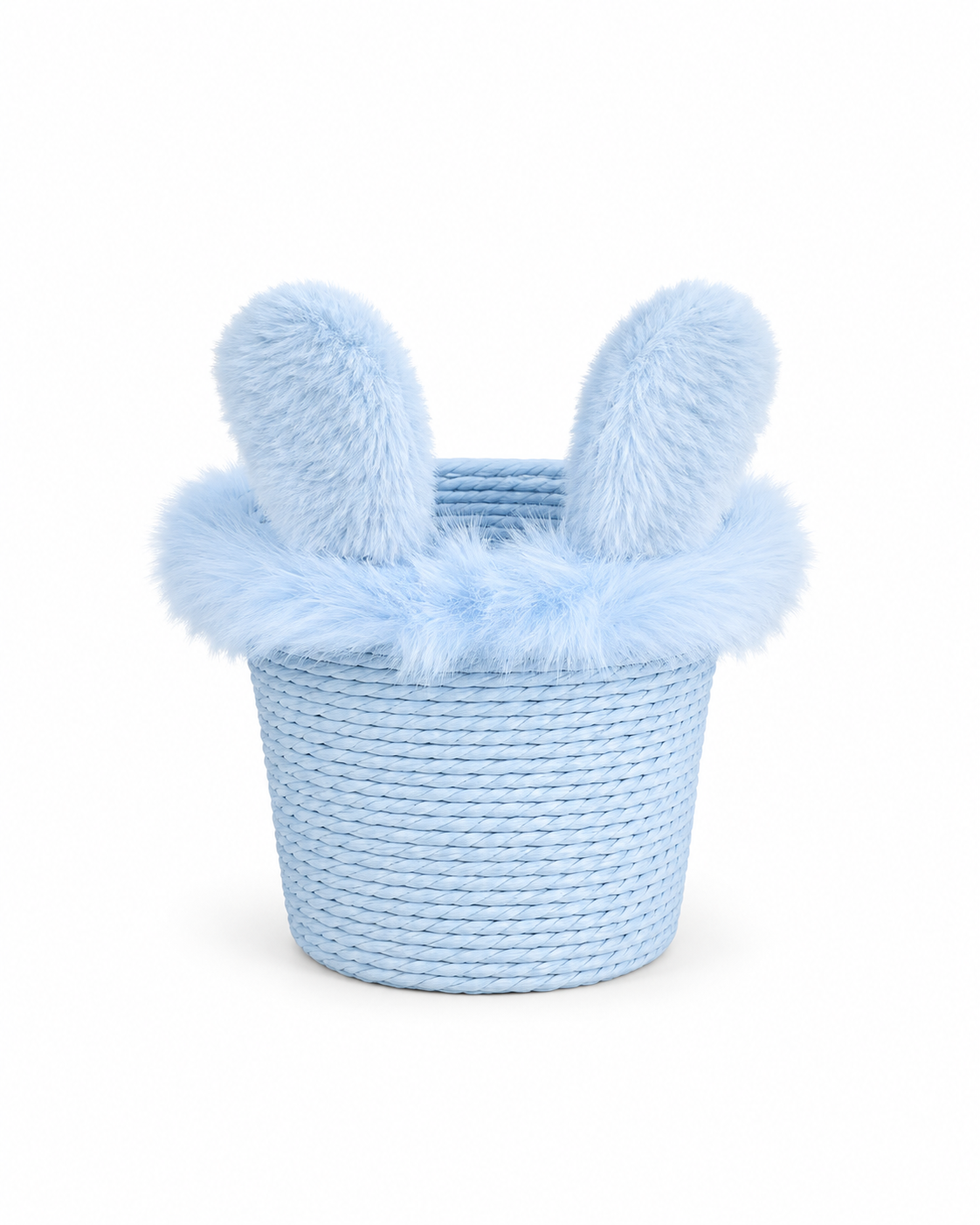 Pink Plush Bunny Ear Handwoven Paper Rope Storage Basket | Cute Kids Room Organizer | Easter Gift & Decorative Basket