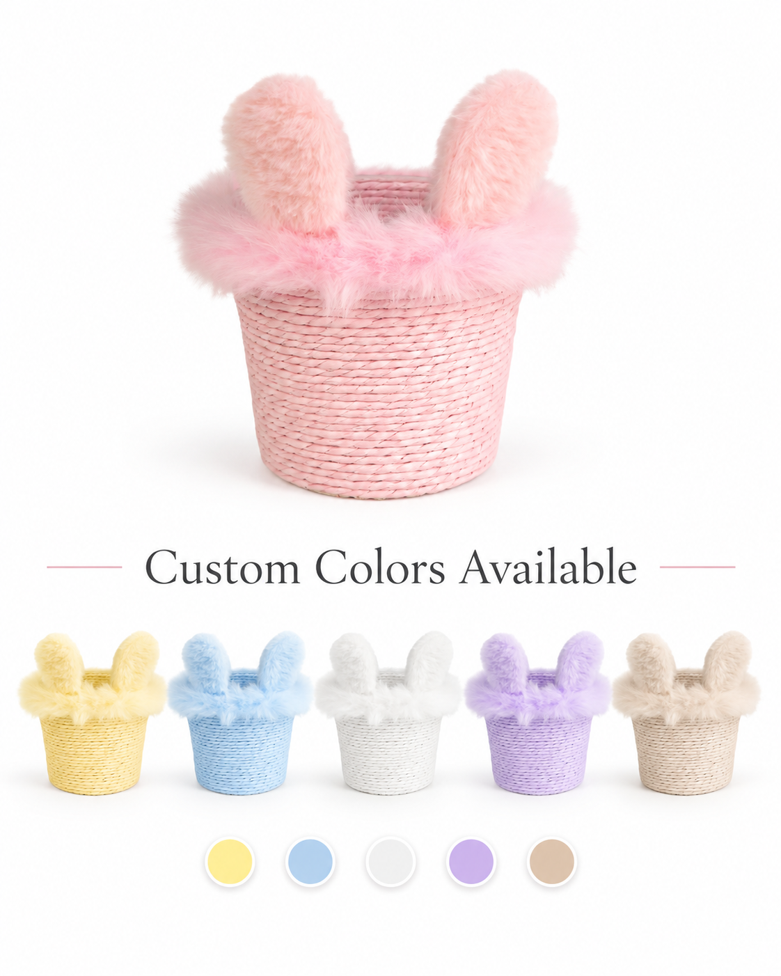 Pink Plush Bunny Ear Handwoven Paper Rope Storage Basket | Cute Kids Room Organizer | Easter Gift & Decorative Basket