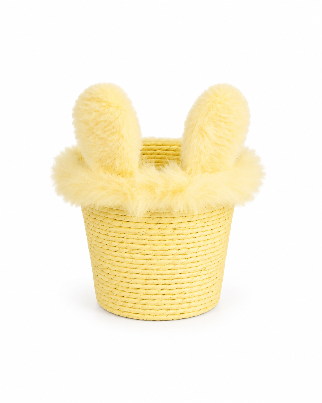 Pink Plush Bunny Ear Handwoven Paper Rope Storage Basket | Cute Kids Room Organizer | Easter Gift & Decorative Basket
