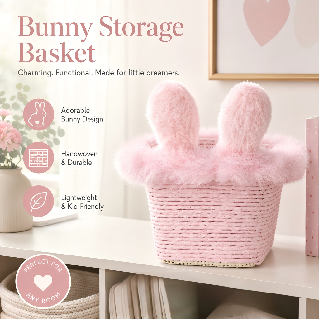 Bunny Ear Woven Storage Basket | Kids Toy Clothes & Small Item Organizer | Plush Rabbit Home Decor Basket