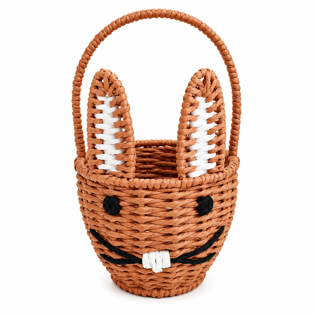 Handwoven Smiling Bunny Basket with Handle – Kids Easter Gift & Candy Basket