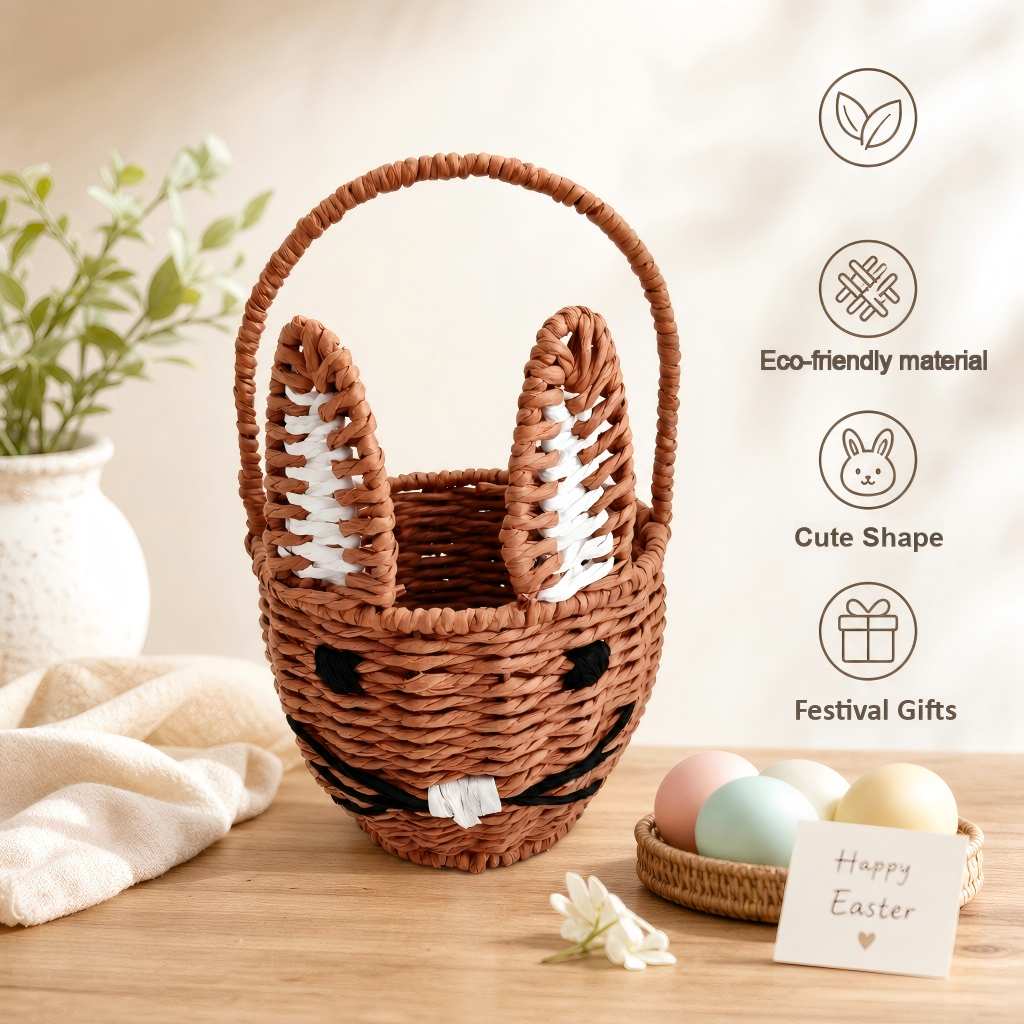 Handwoven Smiling Bunny Basket with Handle – Kids Easter Gift & Candy Basket