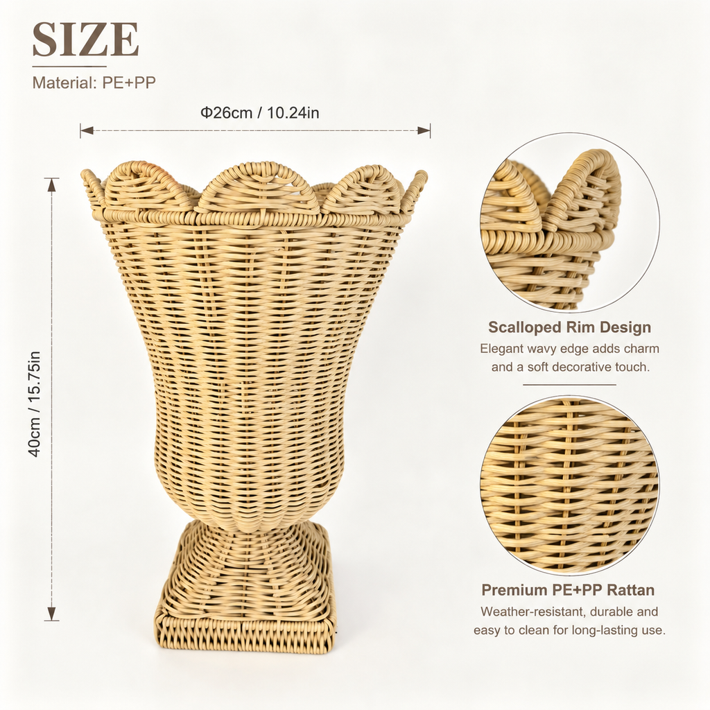 Decorative Handwoven Wicker Floor Planter with Pedestal Base and Floral Edge