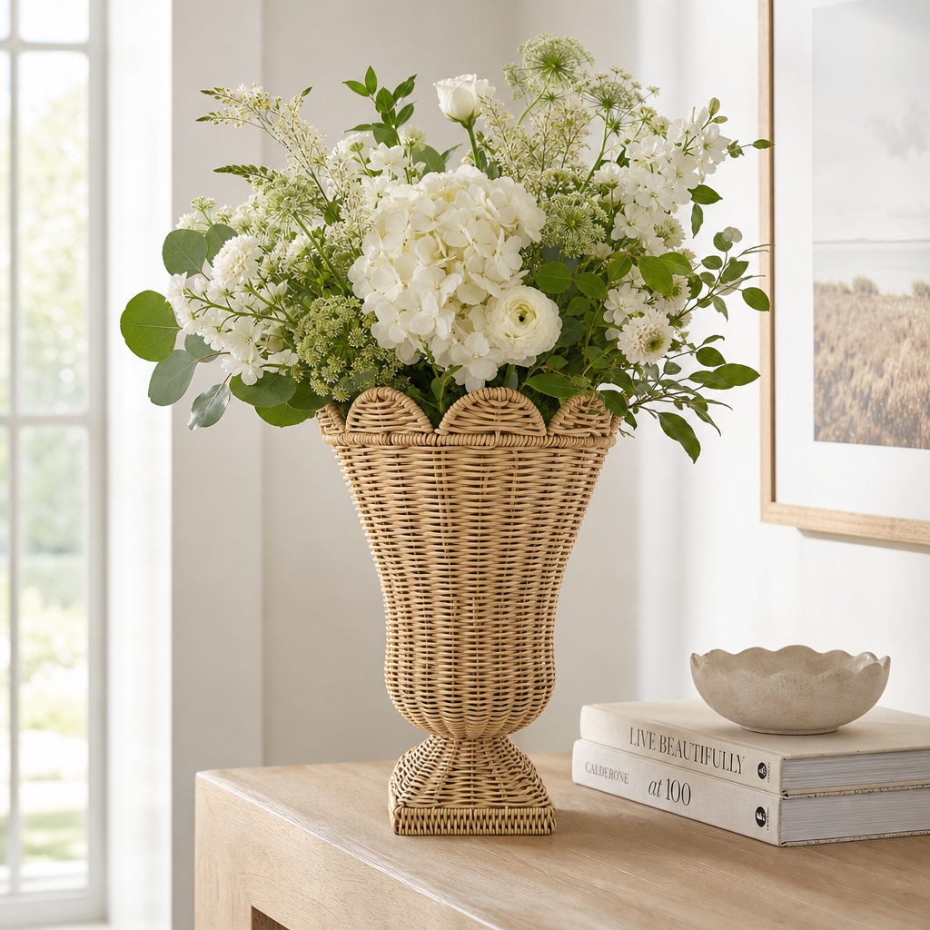 Decorative Handwoven Wicker Floor Planter with Pedestal Base and Floral Edge