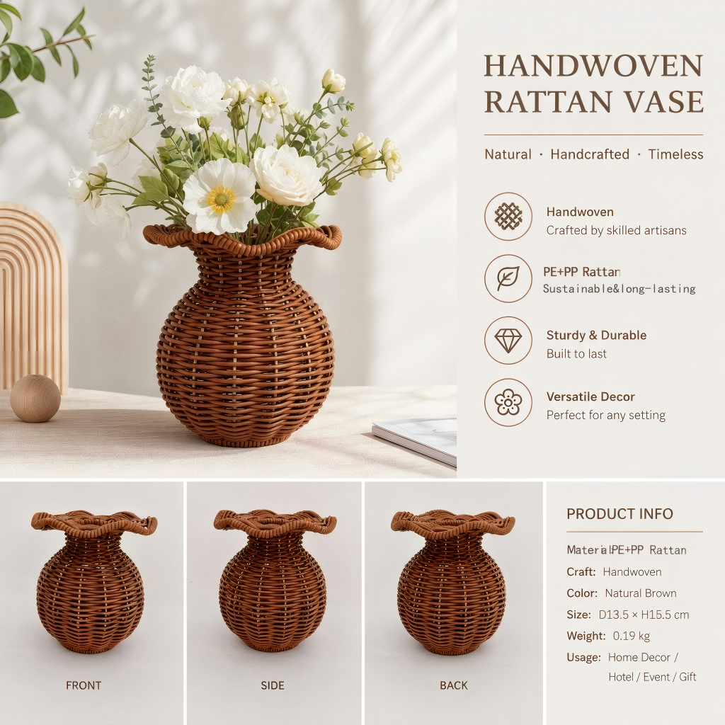 Rustic Handwoven Wicker Flower Vase with Decorative Wavy Rim