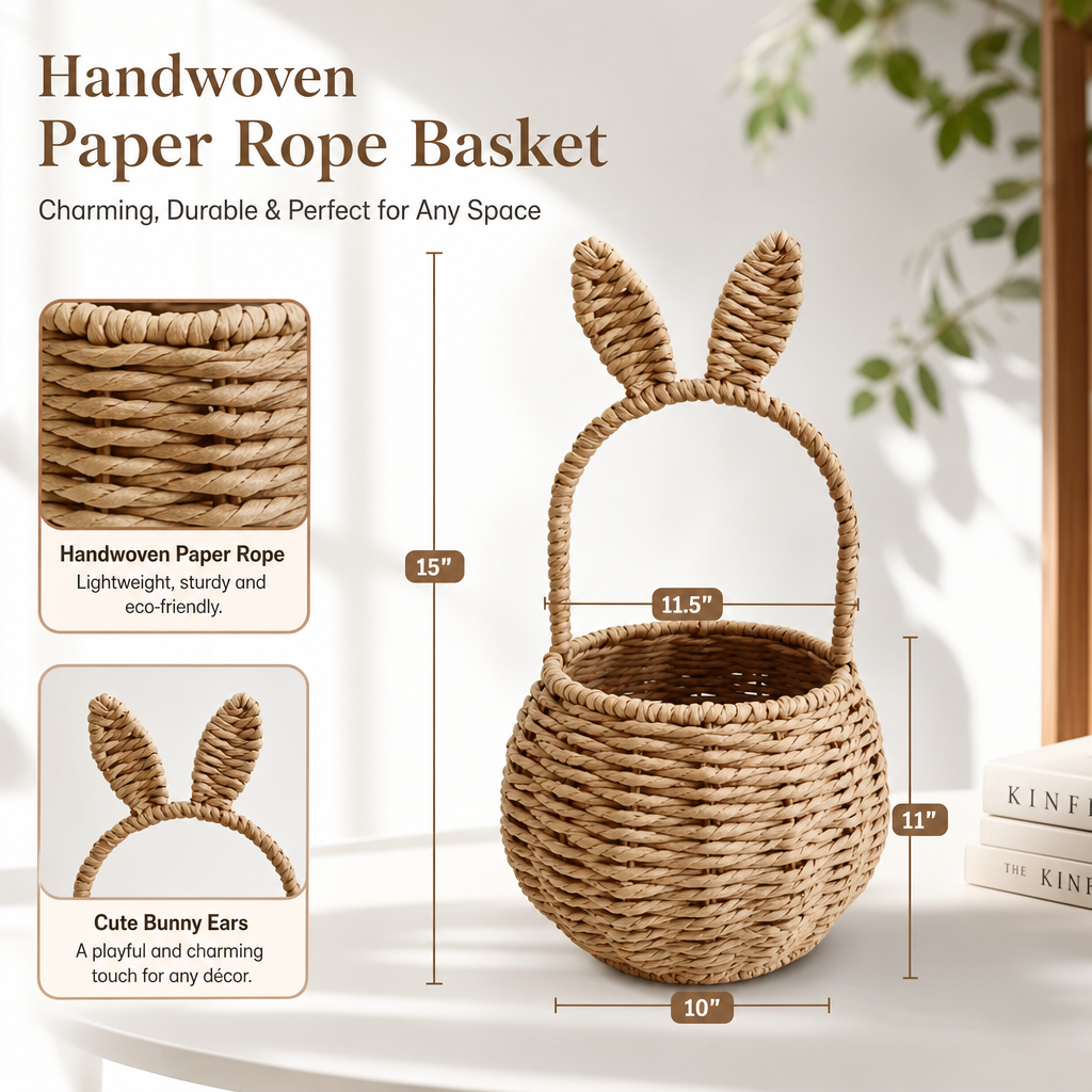 Natural Woven Bunny Basket for Easter Gifts, Kids Room & Holiday Décor