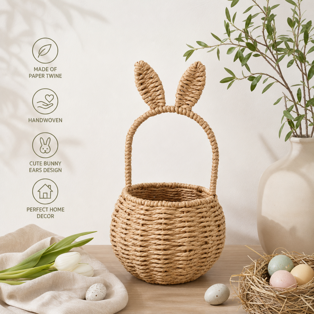 Natural Woven Bunny Basket for Easter Gifts, Kids Room & Holiday Décor