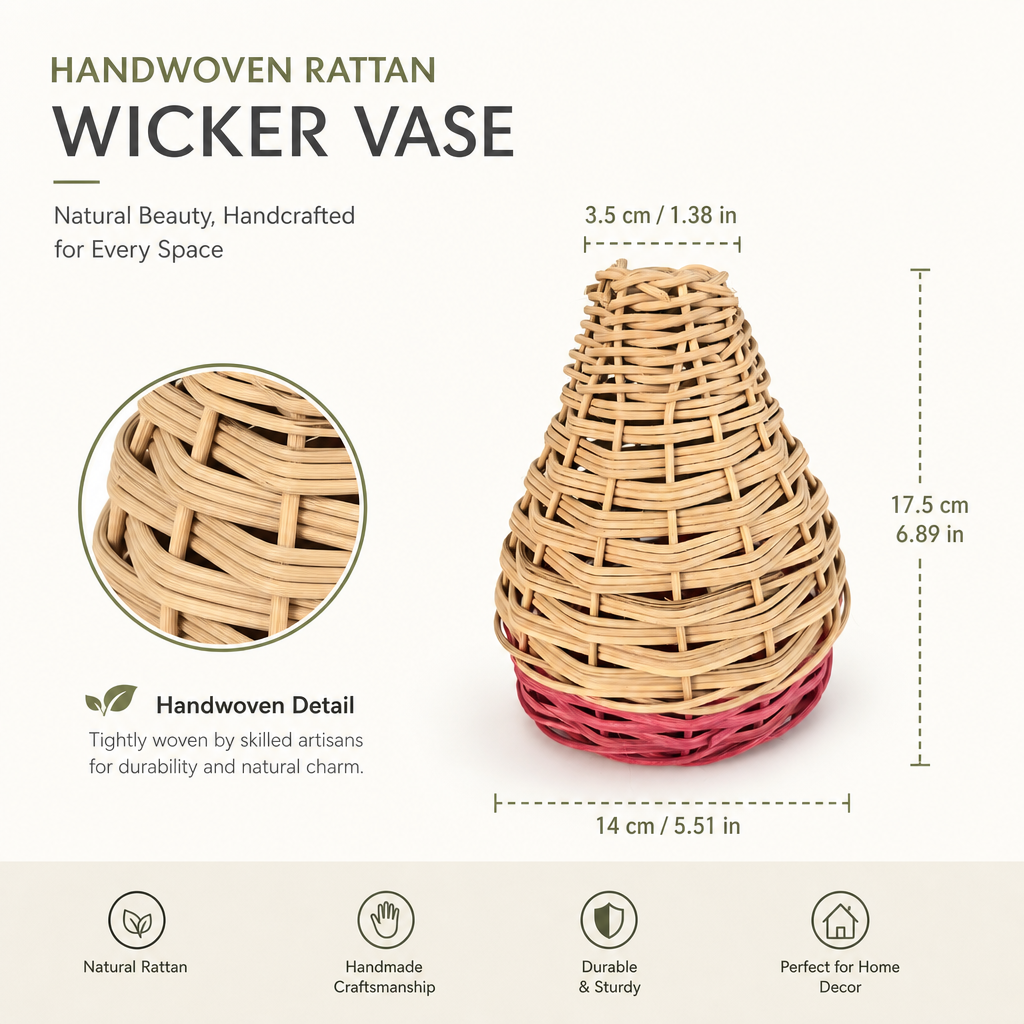 Handwoven Natural Rattan Wicker Vase Basket – Rustic Floral Arrangement & Home Decor